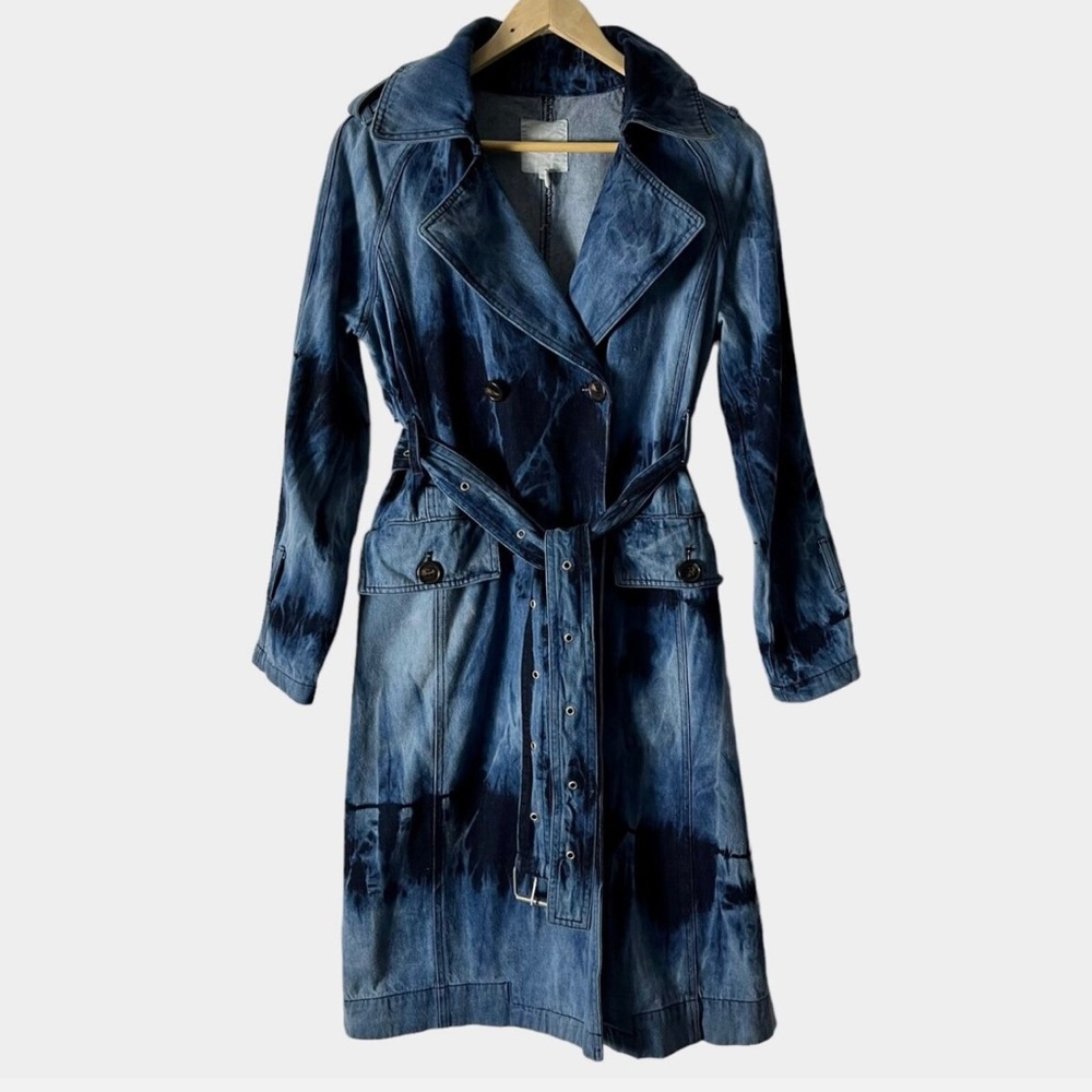 Avec Les Filles Denim Tie Dye Jacket Tench Coat L Belted Double Breasted